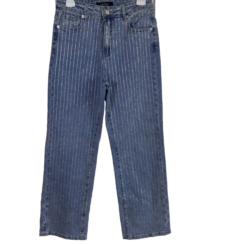 AKIRA Studded Rhinestone Denim Jeans Women's  5 Y2K Glam Festival Straight Leg